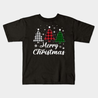 Merry Christmas Tree Xmas Buffalo Plaid Kids T-Shirt